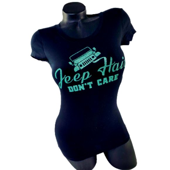 Jeep Hair Don't Care Fitted Spandex Tee ~Jade Shiny Lettering. New!!! - Picture 1 of 4